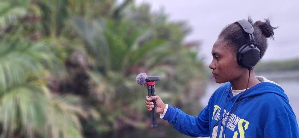 The young generation of Yokiwa Obed Fiobetauw and Gloria Monim villages learn to do field recording in the customary forest area.